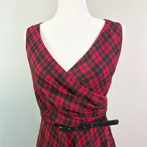 Lauren Ralph Lauren Red Black Plaid Sleeveless Surplice Belted Dress - Size 6 - Picture 2 of 10